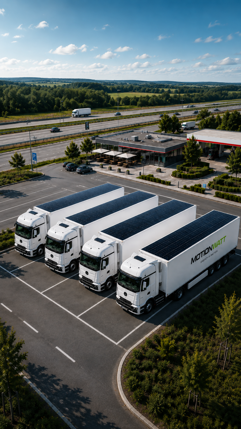 MOTIONWATT Lkw-Flotte mit Photovoltaik auf den Aufliegerdächern auf einem Rastplatz